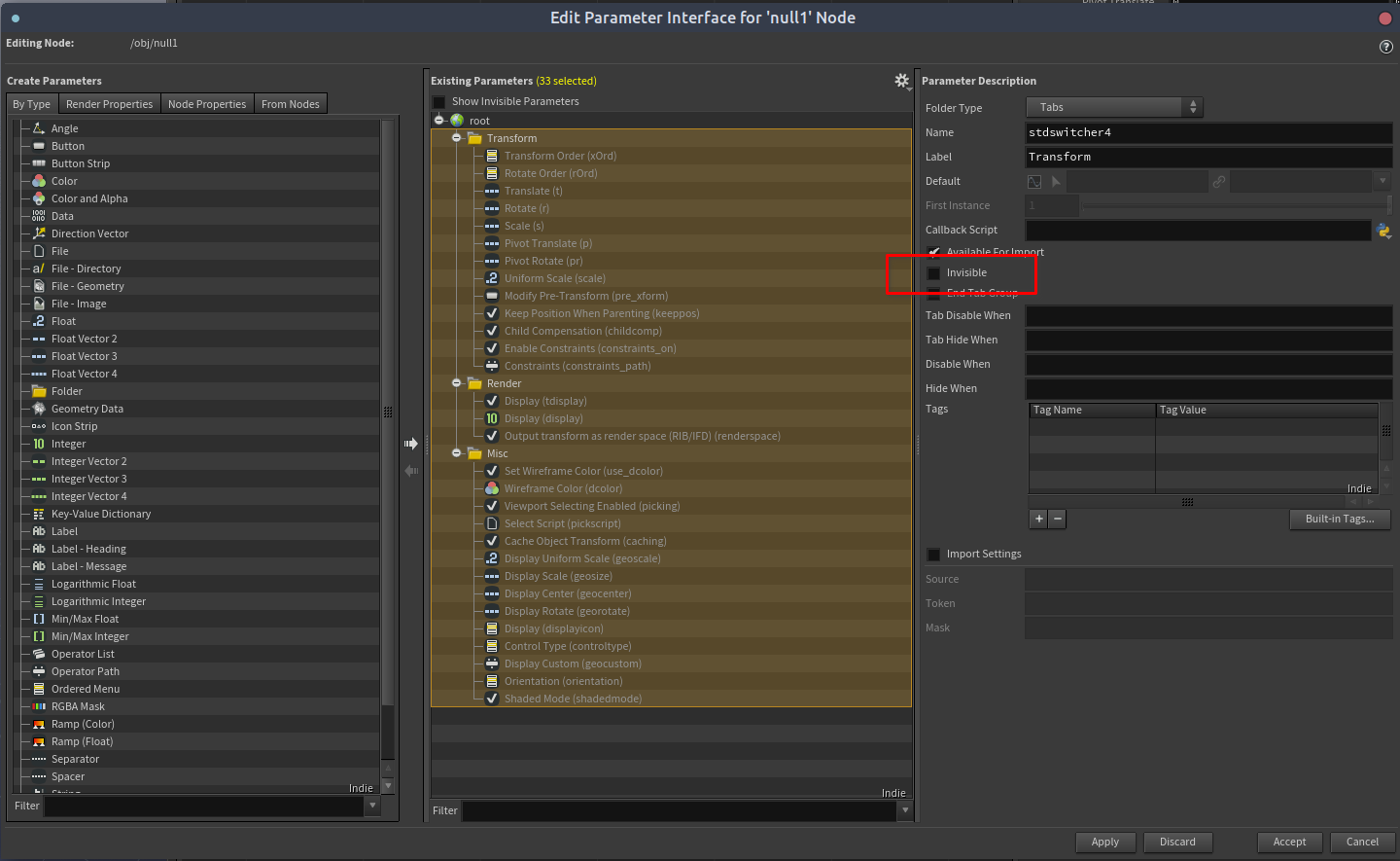 Hide existing parameters